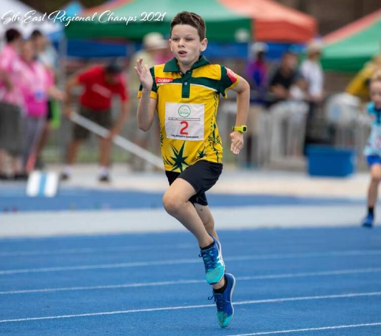 FIRST: Eight- year-old Oliver Lowe in action in the 100m sprint. Photo: Danielle Sibenaler
