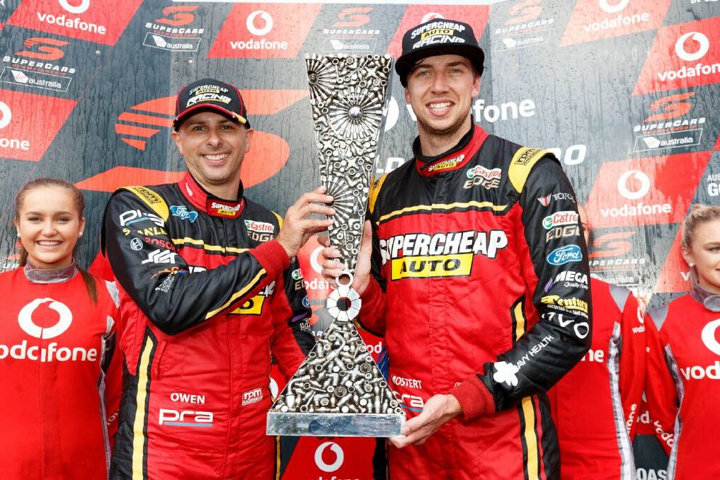 One for the mantelpiece: Chaz Mostert (right) holds the Pirtek Enduro Cup aloft with teammate Steve Owen. Photo: Supplied.