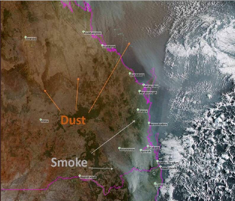 WEATHER: Smoke and dust continue to plague southern and central Queensland. Image: BOM