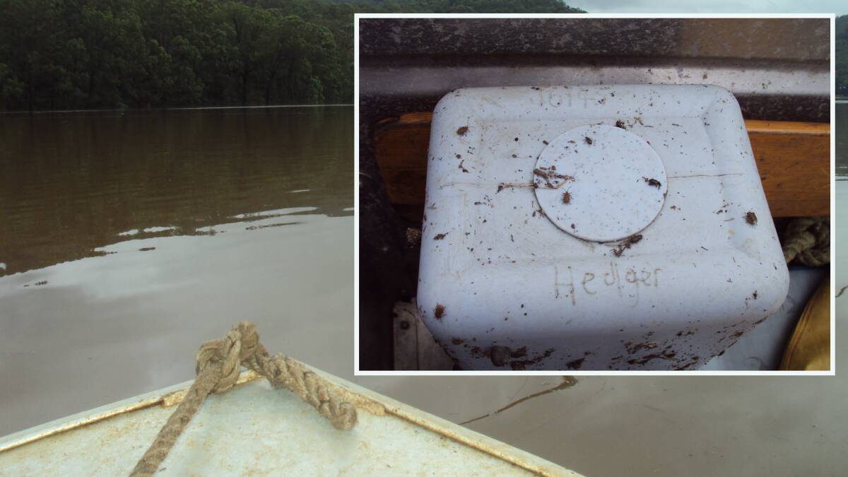 St Albans herds people Suzi's and Corey's boat in floodwaters with (inset) the urn of ashes they found belonging to Michael Hedger's mother. Pictures: Supplied and St Albans Community NSW Australia/Facebook