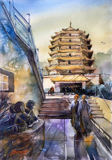 Phuong Ly – Pagoda – Chung Tian Temple, 2018, watercolour. 