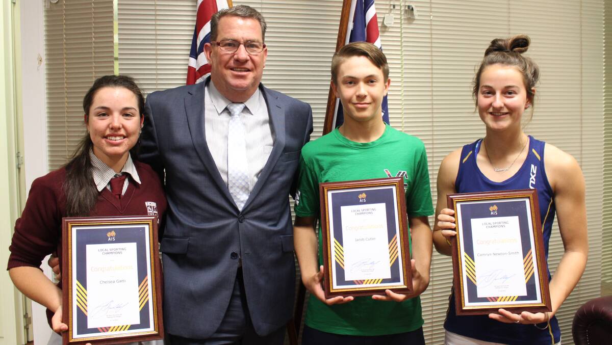 GRANT: Federal Member for Wright Scott Buchholz congratulates Local Sporting Champions Chelsea Gatti, Jacob Cutler and Camryn Newton-Smith.