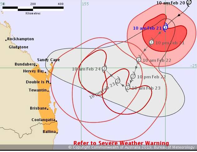 KEEP ALERT: The Bureau of Meteorology has issued a cyclone watch at 11am today for Bundaberg to Ballina in New South Wales, including the Sunshine Coast, Brisbane and Gold Coast. Photo: BOM
