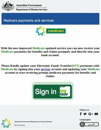BE ALERT: People are being fooled into giving away their personal details by scammers pretending to be from Medicare and MyGov. Hoaxers have set up fake MyGov and Medicare portals to fool people into entering their details. 
