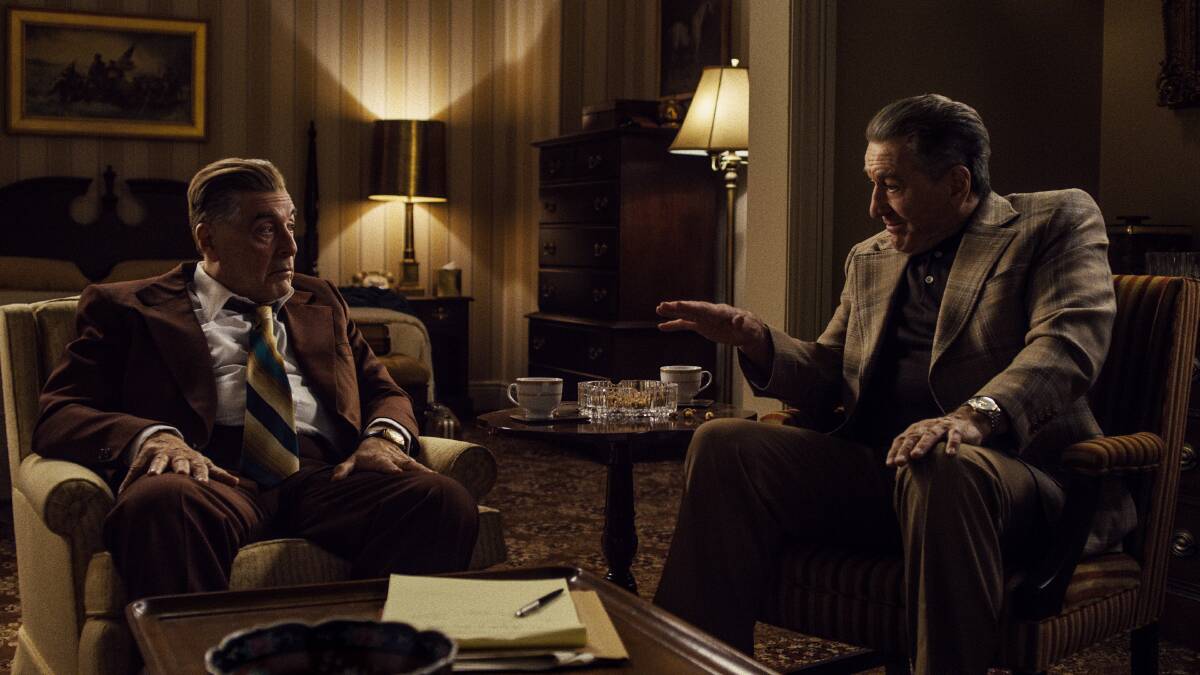 Jimmy Hoffa (played by Al Pacino), left, and Frank Sheeran (Robert De Niro) in The Irishman. Picture: Netflix US.