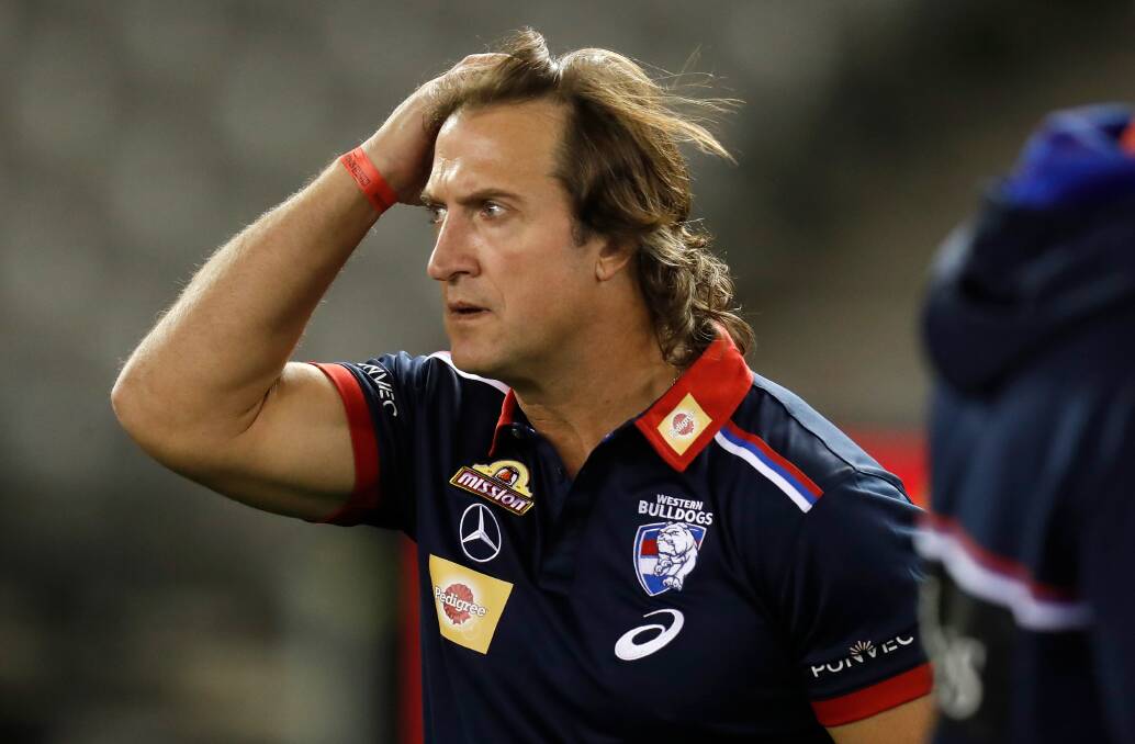 Bulldogs coach Luke Beveridge shows his frustration during his side's loss to St Kilda at Marvel Stadium on Sunday. Photo: Michael Willson/Getty Images