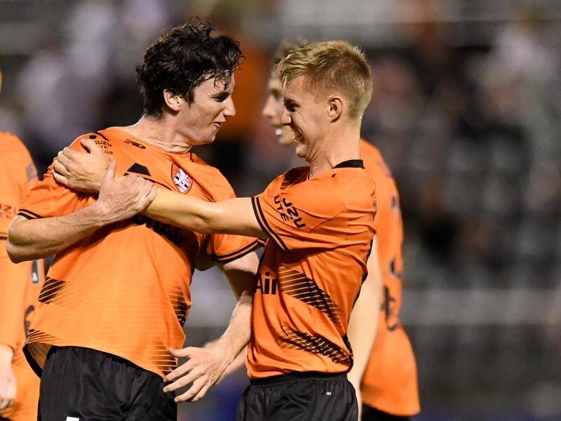 Henry Hore (left) has scored his first A-League Men's goal in Brisbane's 1-0 win over Perth Glory.
