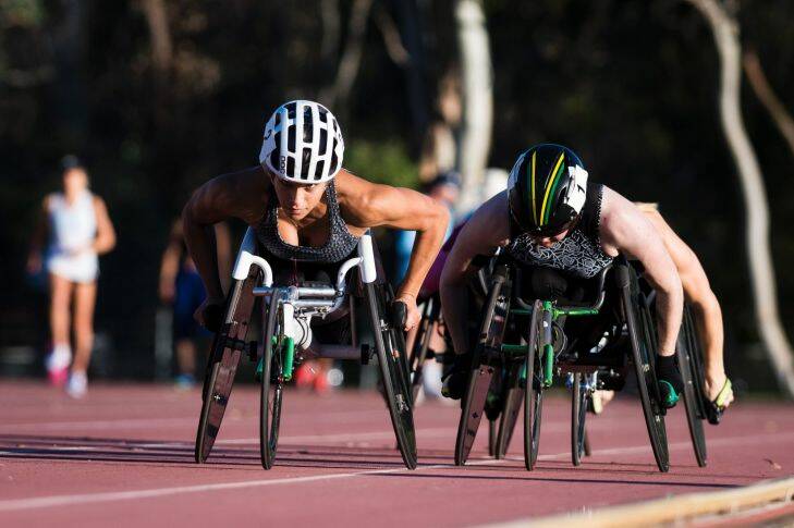 Women's Wheelchair 1500m. Madison De Rozario with Angie Ballard behind her. Photo: Dion Georgopoulos