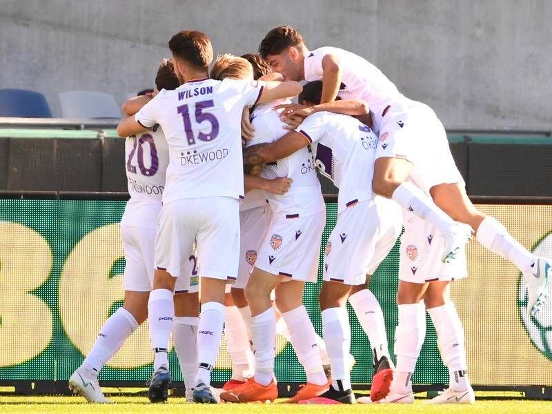Perth Glory players celebrate Bruno Fornaroli's goal in the 5-4 goal-laden defeat at Western United.