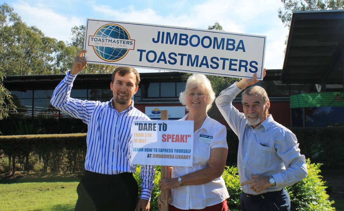 Toastmasters Alexander Yashin, Vera Ozanne and club president Bob Millen invite the community to find their inner orator.