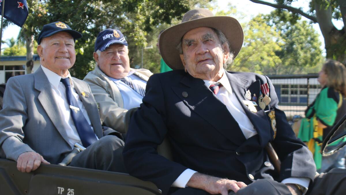 MEMORIES: Veterans Joe Cramp, Max McIlwain and Frank Brady snapped at Anzac Day at Logan Village in 2014.