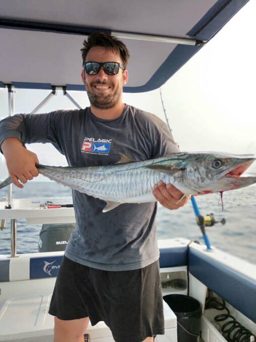 LANDED: Joel Farthing with a 9kg Spanish mackerel he landed east of South Passage Bar.