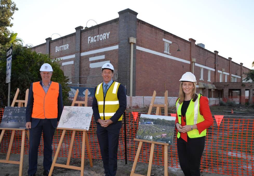 Hard hats and hi-vis: Logan mayor Darren Power, centre, joined local government minister Stirling Hinchliffe and Waterford MP Shannon Fentiman at the Kingston Butter Factory site this morning.