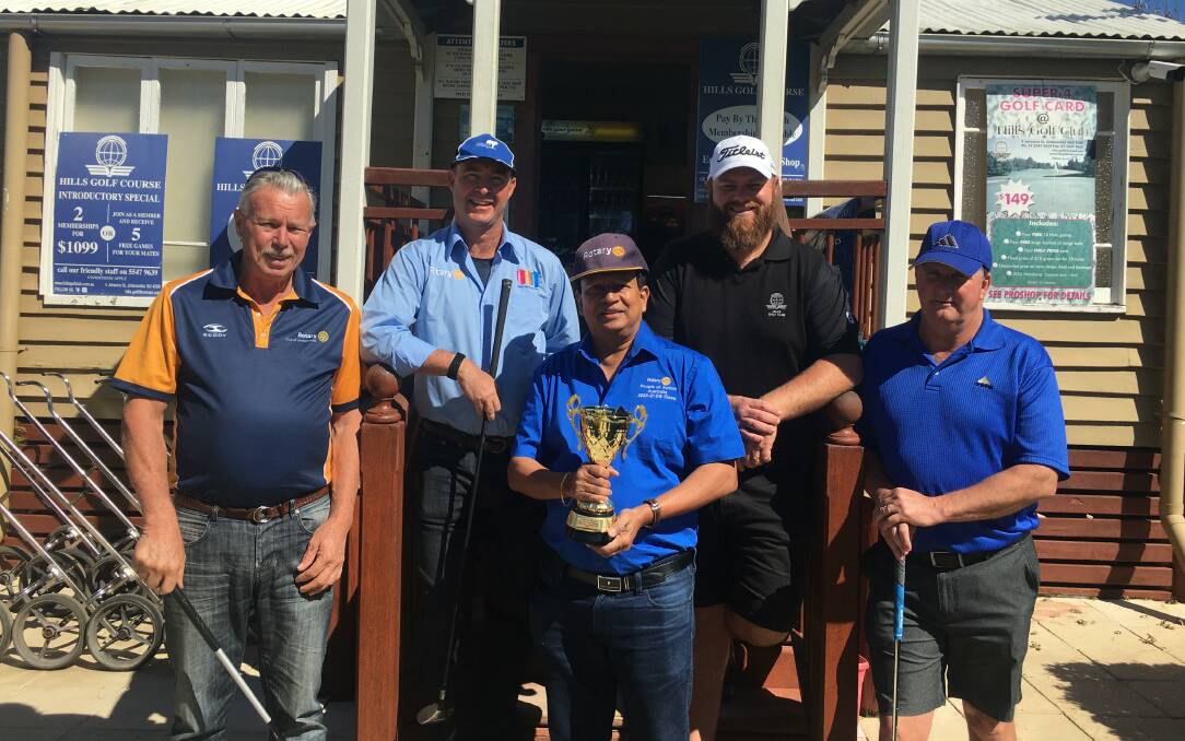 Ready for play: From left, Mal Strachan, David Glover, district governor Andy Rajapakse, Daniel Hunnisett and Barry Thompson are ready for Rotary's golf day on October 8.