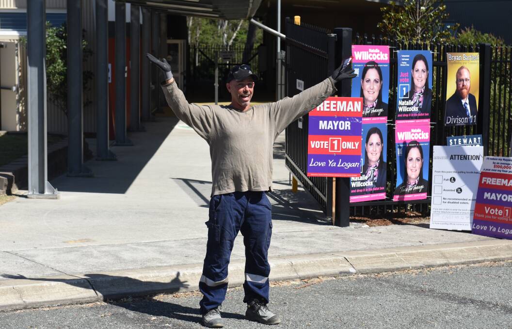 Cheering: Kevin Smith was happy there were no queues at Greenbank State School's polling booth today. Photo: Matt McLennan