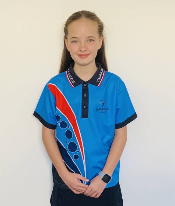 New outfit: Telethia Delaney models her new school uniform for Yarrabilba State Secondary College, where she attends as a foundation student.
