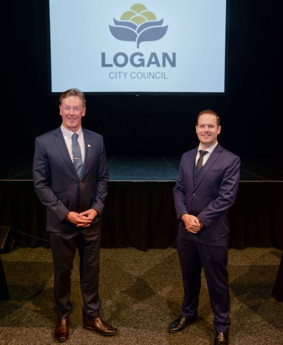 In charge: Logan mayor Darren Power and deputy mayor Jon Raven at the first meeting of the new council.