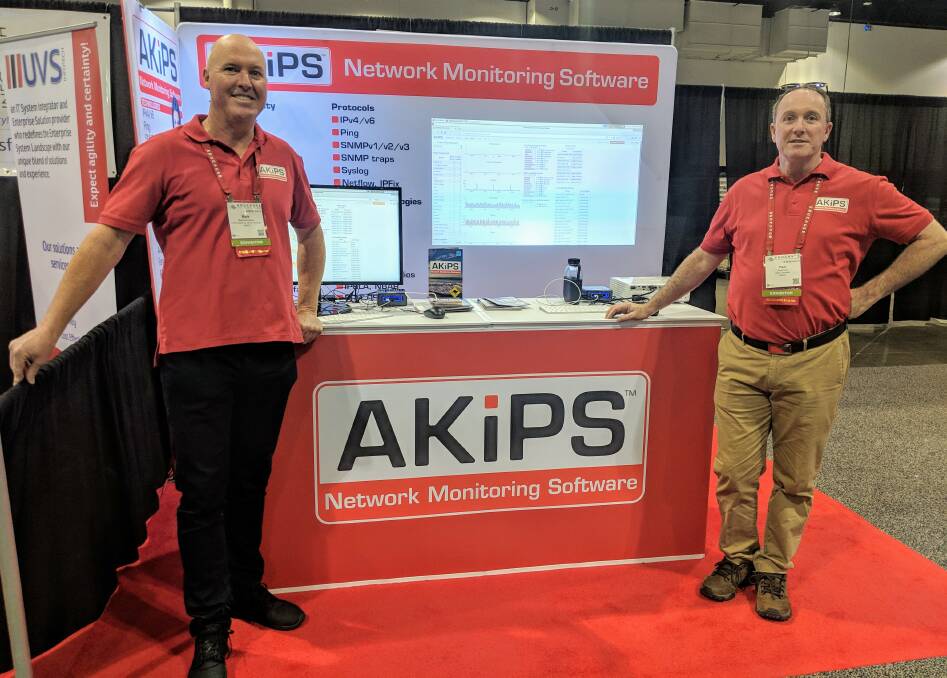 AKIPS' Paul Koch and Mark Birkinshaw at a US trade show. The company is a finalist in the Australian Business Champion Awards.