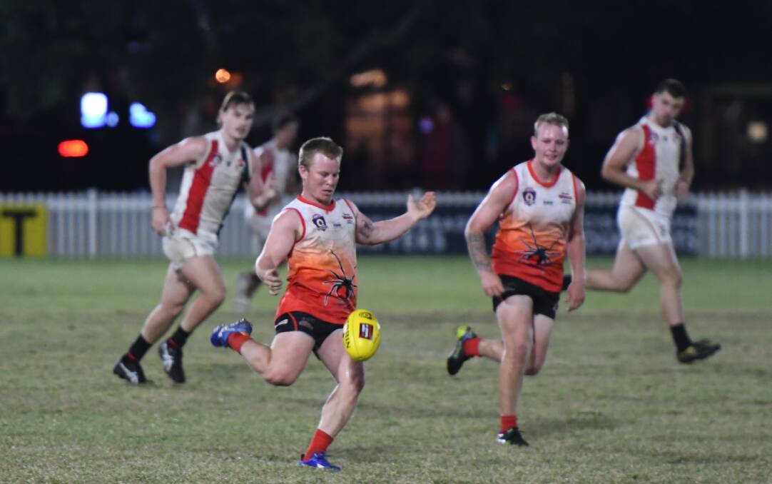 MAJOR: Jacob Guise, seen here playing against Morningside earlier this season, booted a goal for the Redbacks in a big win on Friday. The Redbacks won 13.10 (88) to 2.5 (17) against Mayne. Photo: Matt McLennan