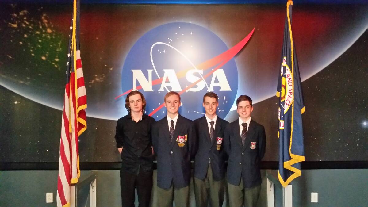 SPACE SETTLERS: Zac O’Reilly (2016 graduate), Kyle Cossor (year 10), Blake Roesler (year 11) and Ayden Giess (year 10) at the Kennedy Space Center. Photo: Supplied