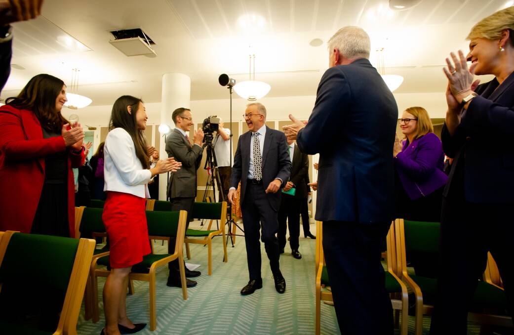 A triumphant Anthony Albanese enters the Labor caucus on Tuesday morning. Picture: Elesa Kurtz 